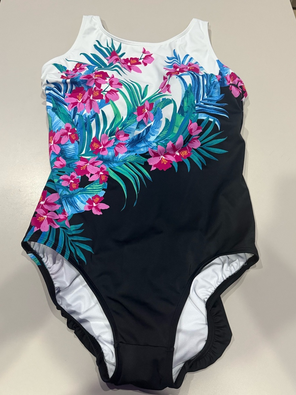 Longitude Women’s One-Piece Swimsuit Black, White, Hot Pink, Blue Floral  Sz 14
